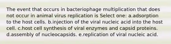 The event that occurs in bacteriophage multiplication that does not occur in animal virus replication is Select one: a.adsorption to the host cells. b.injection of the viral nucleic acid into the host cell. c.host cell synthesis of viral enzymes and capsid proteins. d.assembly of nucleocapsids. e.replication of viral nucleic acid.