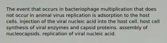 The event that occurs in bacteriophage multiplication that does not occur in animal virus replication is adsorption to the host cells. injection of the viral nucleic acid into the host cell. host cell synthesis of viral enzymes and capsid proteins. assembly of nucleocapsids. replication of viral nucleic acid.