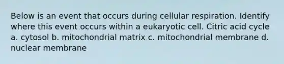 Below is an event that occurs during cellular respiration. Identify where this event occurs within a eukaryotic cell. Citric acid cycle a. cytosol b. mitochondrial matrix c. mitochondrial membrane d. nuclear membrane