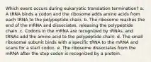 Which event occurs during eukaryotic translation termination? a. A tRNA binds a codon and the ribosome adds amino acids from each tRNA to the polypeptide chain. b. The ribosome reaches the end of the mRNA and dissociates, releasing the polypeptide chain. c. Codons in the mRNA are recognized by rRNAs, and tRNAs add the amino acid to the polypeptide chain. d. The small ribosomal subunit binds with a specific tRNA to the mRNA and scans for a start codon. e. The ribosome dissociates from the mRNA after the stop codon is recognized by a protein.