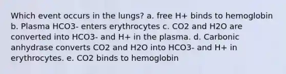 Which event occurs in the lungs? a. free H+ binds to hemoglobin b. Plasma HCO3- enters erythrocytes c. CO2 and H2O are converted into HCO3- and H+ in the plasma. d. Carbonic anhydrase converts CO2 and H2O into HCO3- and H+ in erythrocytes. e. CO2 binds to hemoglobin