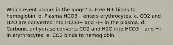 Which event occurs in the lungs? a. Free H+ binds to hemoglobin. b. Plasma HCO3− enters erythrocytes. c. CO2 and H2O are converted into HCO3− and H+ in the plasma. d. Carbonic anhydrase converts CO2 and H2O into HCO3− and H+ in erythrocytes. e. CO2 binds to hemoglobin.