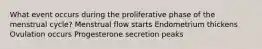 What event occurs during the proliferative phase of the menstrual cycle? Menstrual flow starts Endometrium thickens Ovulation occurs Progesterone secretion peaks