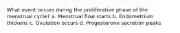 What event occurs during the proliferative phase of the menstrual cycle? a. Menstrual flow starts b. Endometrium thickens c. Ovulation occurs d. Progesterone secretion peaks