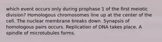 which event occurs only during prophase 1 of the first meiotic division? Homologous chromosomes line up at the center of the cell. The nuclear membrane breaks down. Synapsis of homologous pairs occurs. Replication of DNA takes place. A spindle of microtubules forms.