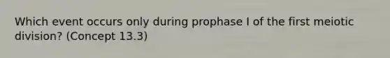 Which event occurs only during prophase I of the first meiotic division? (Concept 13.3)