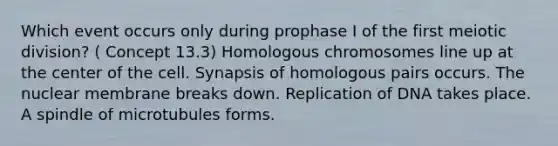 Which event occurs only during prophase I of the first meiotic division? ( Concept 13.3) Homologous chromosomes line up at the center of the cell. Synapsis of homologous pairs occurs. The nuclear membrane breaks down. Replication of DNA takes place. A spindle of microtubules forms.