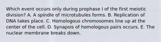 Which event occurs only during prophase I of the first meiotic division? A. A spindle of microtubules forms. B. Replication of DNA takes place. C. Homologous chromosomes line up at the center of the cell. D. Synapsis of homologous pairs occurs. E. The nuclear membrane breaks down.