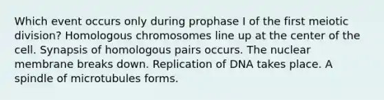 Which event occurs only during prophase I of the first meiotic division? Homologous chromosomes line up at the center of the cell. Synapsis of homologous pairs occurs. The nuclear membrane breaks down. Replication of DNA takes place. A spindle of microtubules forms.