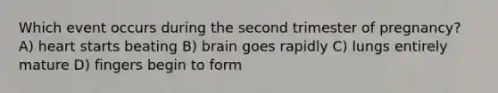 Which event occurs during the second trimester of pregnancy? A) heart starts beating B) brain goes rapidly C) lungs entirely mature D) fingers begin to form
