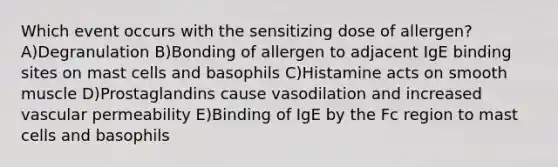 Which event occurs with the sensitizing dose of allergen? A)Degranulation B)Bonding of allergen to adjacent IgE binding sites on mast cells and basophils C)Histamine acts on smooth muscle D)Prostaglandins cause vasodilation and increased vascular permeability E)Binding of IgE by the Fc region to mast cells and basophils