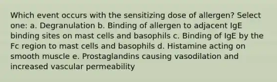 Which event occurs with the sensitizing dose of allergen? Select one: a. Degranulation b. Binding of allergen to adjacent IgE binding sites on mast cells and basophils c. Binding of IgE by the Fc region to mast cells and basophils d. Histamine acting on smooth muscle e. Prostaglandins causing vasodilation and increased vascular permeability