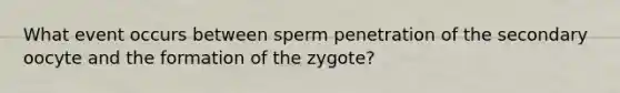 What event occurs between sperm penetration of the secondary oocyte and the formation of the zygote?