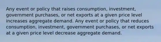 Any event or policy that raises consumption, investment, government purchases, or net exports at a given price level increases aggregate demand. Any event or policy that reduces consumption, investment, government purchases, or net exports at a given price level decrease aggregate demand.