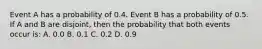 Event A has a probability of 0.4. Event B has a probability of 0.5. If A and B are disjoint, then the probability that both events occur is: A. 0.0 B. 0.1 C. 0.2 D. 0.9