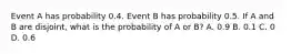 Event A has probability 0.4. Event B has probability 0.5. If A and B are disjoint, what is the probability of A or B? A. 0.9 B. 0.1 C. 0 D. 0.6