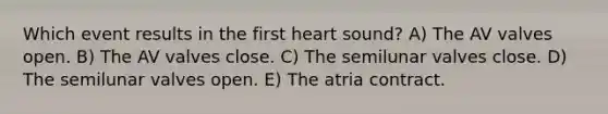 Which event results in the first heart sound? A) The AV valves open. B) The AV valves close. C) The semilunar valves close. D) The semilunar valves open. E) The atria contract.