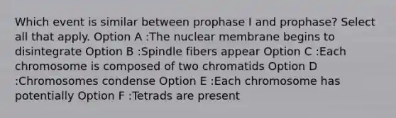 Which event is similar between prophase I and prophase? Select all that apply. Option A :The nuclear membrane begins to disintegrate Option B :Spindle fibers appear Option C :Each chromosome is composed of two chromatids Option D :Chromosomes condense Option E :Each chromosome has potentially Option F :Tetrads are present