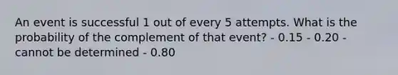 An event is successful 1 out of every 5 attempts. What is the probability of the complement of that event? - 0.15 - 0.20 - cannot be determined - 0.80