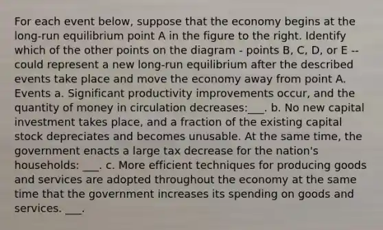 For each event​ below, suppose that the economy begins at the​ long-run equilibrium point A in the figure to the right. Identify which of the other points on the diagram - points B​, ​C, D, or E -- could represent a new ​long-run equilibrium after the described events take place and move the economy away from point A. Events a. Significant productivity improvements​ occur, and the quantity of money in circulation decreases​:___. b. No new capital investment takes​ place, and a fraction of the existing capital stock depreciates and becomes unusable. At the same​ time, the government enacts a large tax decrease for the​ nation's households: ___. c. More efficient techniques for producing goods and services are adopted throughout the economy at the same time that the government increases its spending on goods and services. ___.