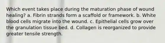 Which event takes place during the maturation phase of wound healing? a. Fibrin strands form a scaffold or framework. b. White blood cells migrate into the wound. c. Epithelial cells grow over the granulation tissue bed. d. Collagen is reorganized to provide greater tensile strength.