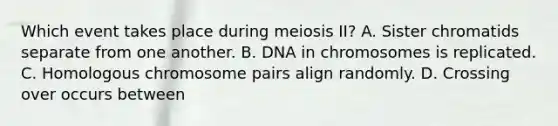 Which event takes place during meiosis II? A. Sister chromatids separate from one another. B. DNA in chromosomes is replicated. C. Homologous chromosome pairs align randomly. D. Crossing over occurs between