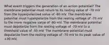 What event triggers the generation of an action potential? The membrane potential must return to its resting value of -70 mV from the hyperpolarized value of -80 mV. The membrane potential must hyperpolarize from the resting voltage of -70 mV to the more negative value of -80 mV. The membrane potential must depolarize from the resting voltage of -70 mV to a threshold value of -55 mV. The membrane potential must depolarize from the resting voltage of -70 mV to its peak value of +30 mV.