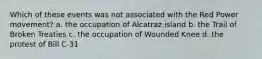 Which of these events was not associated with the Red Power movement? a. the occupation of Alcatraz island b. the Trail of Broken Treaties c. the occupation of Wounded Knee d. the protest of Bill C-31