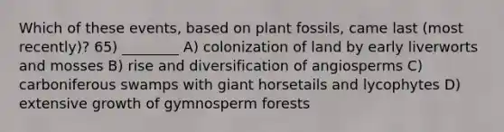 Which of these events, based on plant fossils, came last (most recently)? 65) ________ A) colonization of land by early liverworts and mosses B) rise and diversification of angiosperms C) carboniferous swamps with giant horsetails and lycophytes D) extensive growth of gymnosperm forests