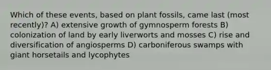 Which of these events, based on plant fossils, came last (most recently)? A) extensive growth of gymnosperm forests B) colonization of land by early liverworts and mosses C) rise and diversification of angiosperms D) carboniferous swamps with giant horsetails and lycophytes