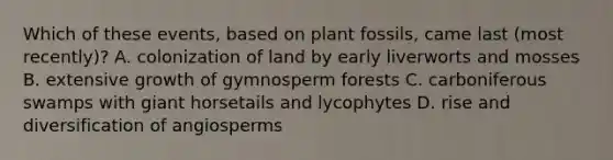 Which of these events, based on plant fossils, came last (most recently)? A. colonization of land by early liverworts and mosses B. extensive growth of gymnosperm forests C. carboniferous swamps with giant horsetails and lycophytes D. rise and diversification of angiosperms