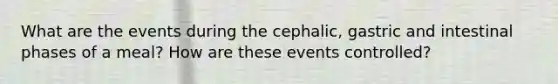 What are the events during the cephalic, gastric and intestinal phases of a meal? How are these events controlled?