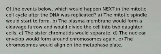 Of the events below, which would happen NEXT in the mitotic cell cycle after the DNA was replicated? a) The mitotic spindle would start to form. b) The plasma membrane would form a cleavage furrow and would divide the cell into two daughter cells. c) The sister chromatids would separate. d) The nuclear envelop would form around chromosomes again. e) The chromosomes would align on the metaphase plate.