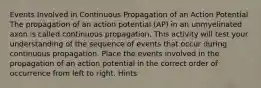 Events Involved in Continuous Propagation of an Action Potential The propagation of an action potential (AP) in an unmyelinated axon is called continuous propagation. This activity will test your understanding of the sequence of events that occur during continuous propagation. Place the events involved in the propagation of an action potential in the correct order of occurrence from left to right. Hints