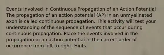 Events Involved in Continuous Propagation of an Action Potential The propagation of an action potential (AP) in an unmyelinated axon is called continuous propagation. This activity will test your understanding of the sequence of events that occur during continuous propagation. Place the events involved in the propagation of an action potential in the correct order of occurrence from left to right. Hints