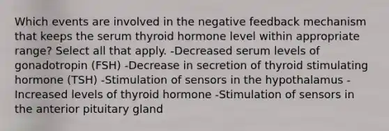 Which events are involved in the negative feedback mechanism that keeps the serum thyroid hormone level within appropriate range? Select all that apply. -Decreased serum levels of gonadotropin (FSH) -Decrease in secretion of thyroid stimulating hormone (TSH) -Stimulation of sensors in the hypothalamus -Increased levels of thyroid hormone -Stimulation of sensors in the anterior pituitary gland