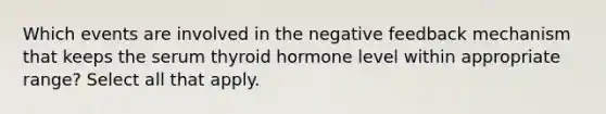 Which events are involved in the negative feedback mechanism that keeps the serum thyroid hormone level within appropriate range? Select all that apply.