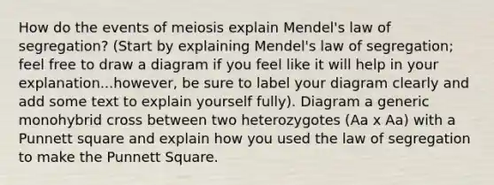 How do the events of meiosis explain Mendel's law of segregation? (Start by explaining Mendel's law of segregation; feel free to draw a diagram if you feel like it will help in your explanation...however, be sure to label your diagram clearly and add some text to explain yourself fully). Diagram a generic monohybrid cross between two heterozygotes (Aa x Aa) with a Punnett square and explain how you used the law of segregation to make the Punnett Square.