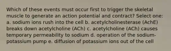 Which of these events must occur first to trigger the skeletal muscle to generate an action potential and contract? Select one: a. sodium ions rush into the cell b. acetylcholinesterase (AchE) breaks down acetylcholine (ACh) c. acetylcholine (ACh) causes temporary permeability to sodium d. operation of the sodium-potassium pump e. diffusion of potassium ions out of the cell