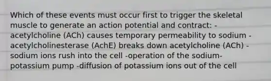 Which of these events must occur first to trigger the skeletal muscle to generate an action potential and contract: -acetylcholine (ACh) causes temporary permeability to sodium -acetylcholinesterase (AchE) breaks down acetylcholine (ACh) -sodium ions rush into the cell -operation of the sodium-potassium pump -diffusion of potassium ions out of the cell