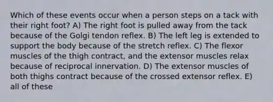 Which of these events occur when a person steps on a tack with their right foot? A) The right foot is pulled away from the tack because of the Golgi tendon reflex. B) The left leg is extended to support the body because of the stretch reflex. C) The flexor muscles of the thigh contract, and the extensor muscles relax because of reciprocal innervation. D) The extensor muscles of both thighs contract because of the crossed extensor reflex. E) all of these