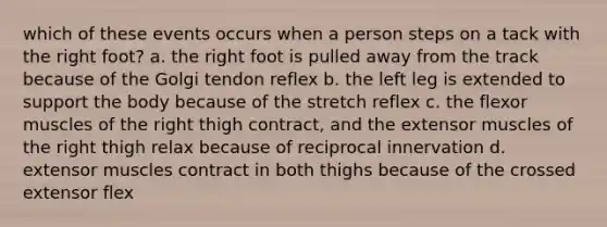 which of these events occurs when a person steps on a tack with the right foot? a. the right foot is pulled away from the track because of the Golgi tendon reflex b. the left leg is extended to support the body because of the stretch reflex c. the flexor muscles of the right thigh contract, and the extensor muscles of the right thigh relax because of reciprocal innervation d. extensor muscles contract in both thighs because of the crossed extensor flex