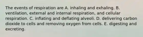 The events of respiration are A. inhaling and exhaling. B. ventilation, external and internal respiration, and cellular respiration. C. inflating and deflating alveoli. D. delivering carbon dioxide to cells and removing oxygen from cells. E. digesting and excreting.