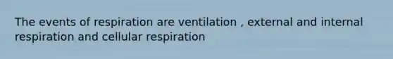 The events of respiration are ventilation , external and internal respiration and <a href='https://www.questionai.com/knowledge/k1IqNYBAJw-cellular-respiration' class='anchor-knowledge'>cellular respiration</a>