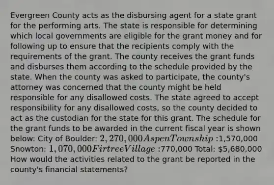 Evergreen County acts as the disbursing agent for a state grant for the performing arts. The state is responsible for determining which local governments are eligible for the grant money and for following up to ensure that the recipients comply with the requirements of the grant. The county receives the grant funds and disburses them according to the schedule provided by the state. When the county was asked to participate, the county's attorney was concerned that the county might be held responsible for any disallowed costs. The state agreed to accept responsibility for any disallowed costs, so the county decided to act as the custodian for the state for this grant. The schedule for the grant funds to be awarded in the current fiscal year is shown below: City of Boulder: 2,270,000 Aspen Township:1,570,000 Snowton: 1,070,000 Firtree Village:770,000 Total: 5,680,000 How would the activities related to the grant be reported in the county's financial statements?