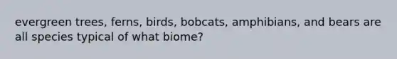 evergreen trees, ferns, birds, bobcats, amphibians, and bears are all species typical of what biome?