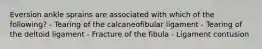 Eversion ankle sprains are associated with which of the following? - Tearing of the calcaneofibular ligament - Tearing of the deltoid ligament - Fracture of the fibula - Ligament contusion