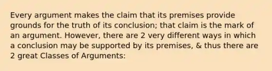 Every argument makes the claim that its premises provide grounds for the truth of its conclusion; that claim is the mark of an argument. However, there are 2 very different ways in which a conclusion may be supported by its premises, & thus there are 2 great Classes of Arguments: