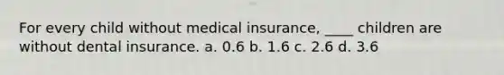 For every child without medical insurance, ____ children are without dental insurance. a. 0.6 b. 1.6 c. 2.6 d. 3.6