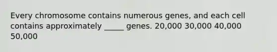 Every chromosome contains numerous genes, and each cell contains approximately _____ genes. 20,000 30,000 40,000 50,000